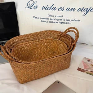 Set of 3 vintage woven seagrass storage baskets with handles for home organization