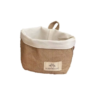 Hanging jute storage basket with sleeping cat tag for kitchen ginger and garlic storage
