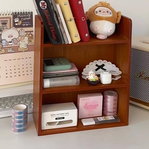 Detailed view of the 3-tier dark brown wood desktop organizer for stationery and books