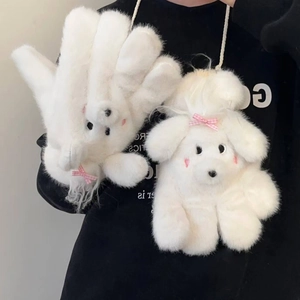 Cartoon Puppy Dog Plush Winter Warm Gloves And Scarf Faux Fur Thickened Windproof For Women Girls Kawaii Accessory