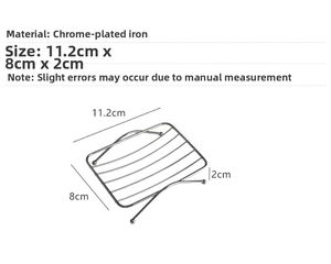 Detailed dimensions of chrome-plated iron wire soap dish with 11.2x8x2cm measurements