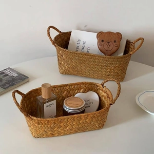 Handwoven rectangular storage basket set with handles for home organization
