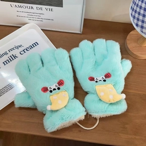 Détails des gants en peluche vert menthe avec broderie lune et cordon de cou