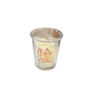 Christmas snowman glass cup with Merry Christmas print and festive tree on clear glass