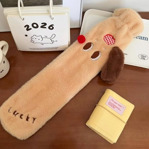 Detail of soft dachshund plush hot water bottle cover with lucky embroidery