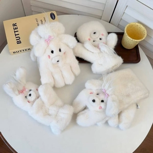Plush white cartoon puppy gloves with pink bows for winter warmth and wind protection