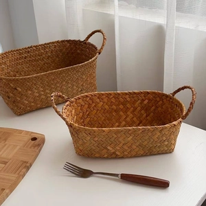 Set of two rectangular woven seagrass storage baskets with handles for home organization