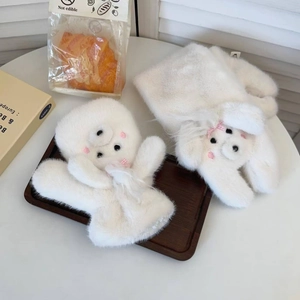 Cute cream-colored plush puppy mittens with pink bowknots for winter warmth