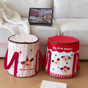 Close-up of portable foldable soaking buckets with cartoon puppy patterns and sturdy handles
