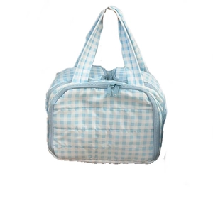 Quilted blue checkered cosmetic bag with large capacity and portable handle