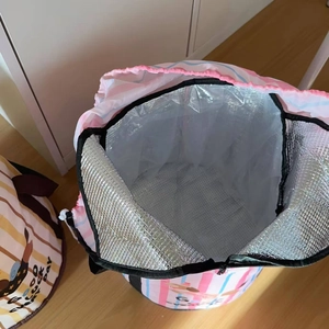Pink striped portable insulated foot bath tub with aluminum foil lining and drawstring