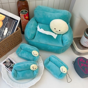 Blue plush sofa tissue box cover with cute emoji decor for home and car desktop