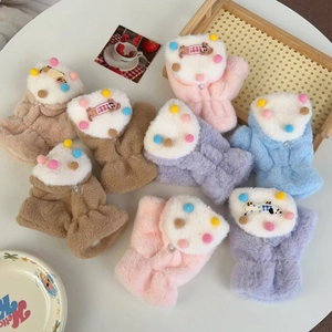 Cute polka dot dachshund plush convertible gloves in various macaron colors for winter