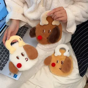 Detailed view of plush puppy hot water bags in caramel, white and yellow fleece