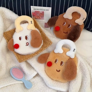 Three plush puppy hot water bags in white and brown soft faux fur with U-shaped handles