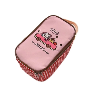 Japanese style cartoon dog lunch bag with pink lid and red plaid insulated lining