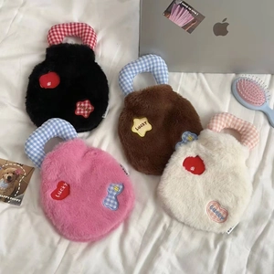 Plush hot water bottle bags in four colors with Lucky embroidery and checkered handles