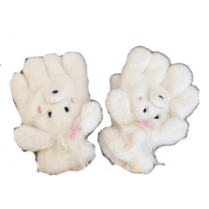Cute puppy plush winter gloves for women with warm thick fleece and plaid bow decor