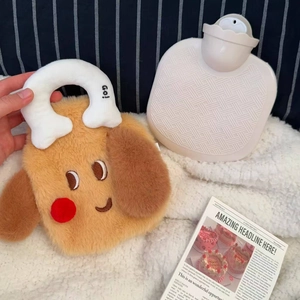 Cute plush puppy hot water bottle with thick brown fur cover and portable white handle