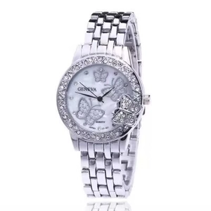Orologio da donna in acciaio argento Geneva con quadrante a farfalla e lunetta con strass