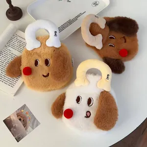 Detailed plush puppy water bottle bags in three colors with soft fur and top handles