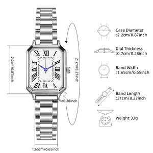 Detailed technical diagram of silver square quartz watch with precise size measurements