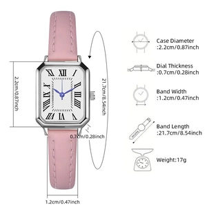 Detailed dimension guide for women's rectangular quartz watch with pink leather strap
