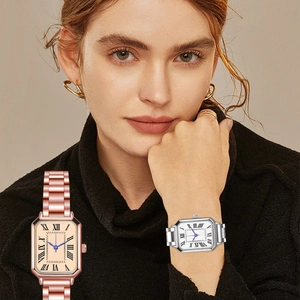 Elegant rectangular quartz watch with Roman numerals and stainless steel strap for women