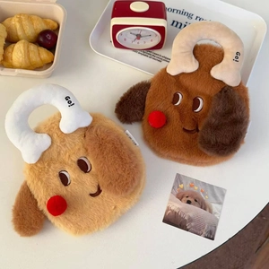 Detail of plush puppy hot water bottle covers in brown with embroidered face and Go handle