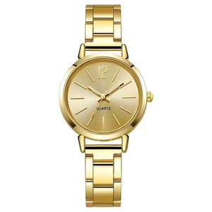 Minimalist gold tone quartz watch for women featuring a metal link bracelet and sleek dial