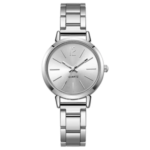 Minimalist women's quartz watch with silver steel link bracelet and round white dial