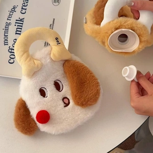 Detail of soft plush puppy hot water bottle showing secure screw cap and furry texture