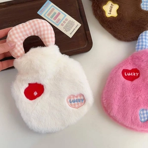 Thick plush hot water bottle bag with lucky embroidery and portable handle for winter warmth