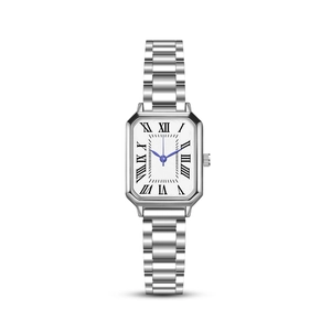 Elegant rectangular women's watch with silver steel strap and blue roman numeral dial
