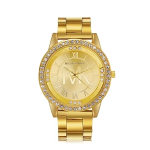 Montre homme à quartz dorée avec lunette en strass et chiffres romains