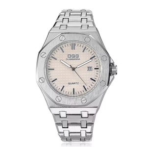 Business quartz watch for men with silver steel strap and champagne checkered dial
