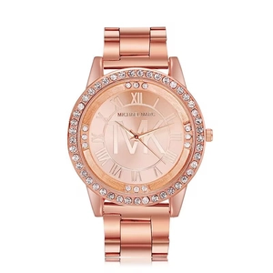 Montre Quartz Homme Bracelet Acier Alliage Lunette Strass Mode Grand Cadran Chiffres Romains Montre Analogique Luxe