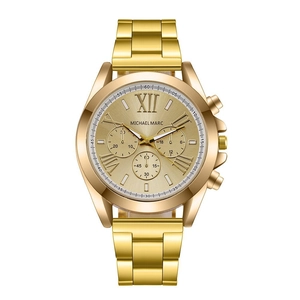 Classic gold stainless steel business watch with Roman numerals and triple-dial display