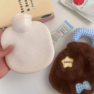Plush brown bear hot water bottle with Lucky embroidery and soft silicone liner