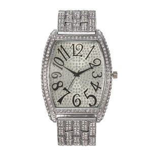 Silver tonneau quartz watch fully iced out with zircons and large black Arabic numerals