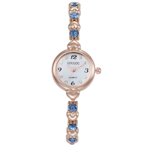 Elegant rose gold heart-link quartz watch with blue crystal accents and round white dial