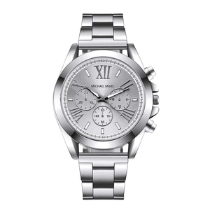 Classic silver stainless steel men's watch with Roman numerals and three-eye chronograph