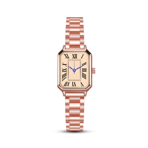 Women Quartz Watch Rectangular Case Roman Numerals Blue Hands Alloy Link Band Fashion Elegant Wristwatch