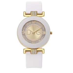 Modern white silicone women's quartz watch with gold case and silver glitter dial decoration