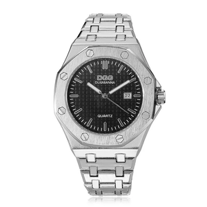 Men's business quartz watch with silver steel strap, octagonal bezel and black textured dial