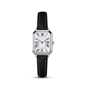 Elegant women's square quartz watch with silver case, Roman numerals and black leather strap