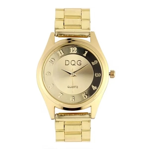 Luxurious gold-tone quartz watch with rhinestone-encrusted round dial and metal strap