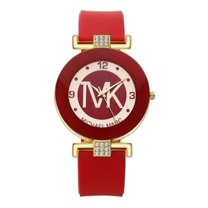Fashionable red silicone strap watch with gold MK logo dial and sparkling rhinestone accents