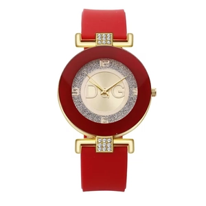 Fashion women's quartz watch with red silicone strap and rhinestone-set golden case
