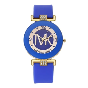 Fashionable quartz watch with blue silicone strap and gold case featuring MK logo